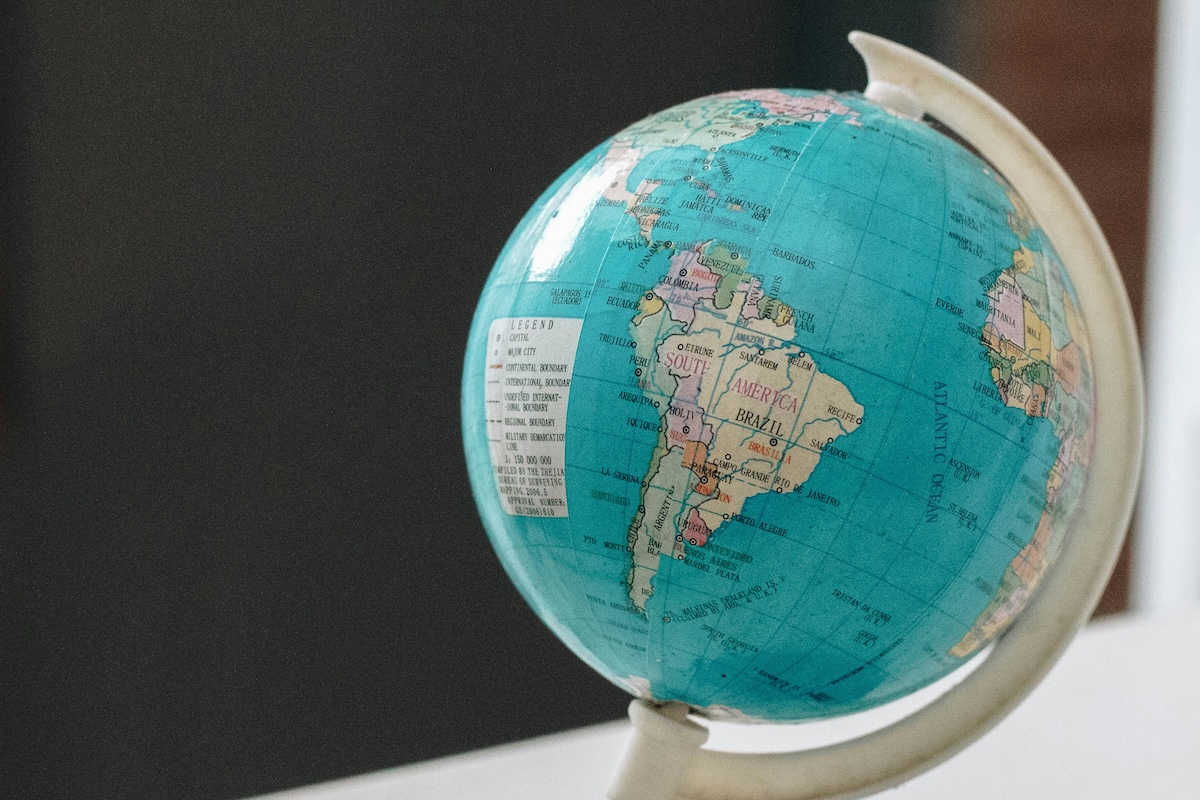 Close-up of a world globe showing South America